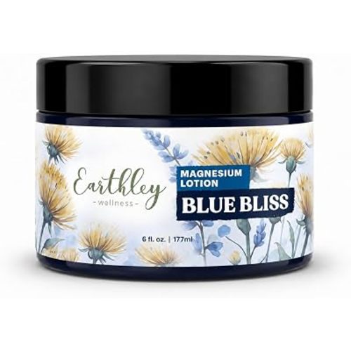 Earthley Wellness, Magnesium Lotion, Parent's Picks Award-Winner, Apricot, Shea Butter, Mango Butter, Lavender, Blue Tansy and Sandalwood Scent (6oz, Seasonal Blue Bliss)