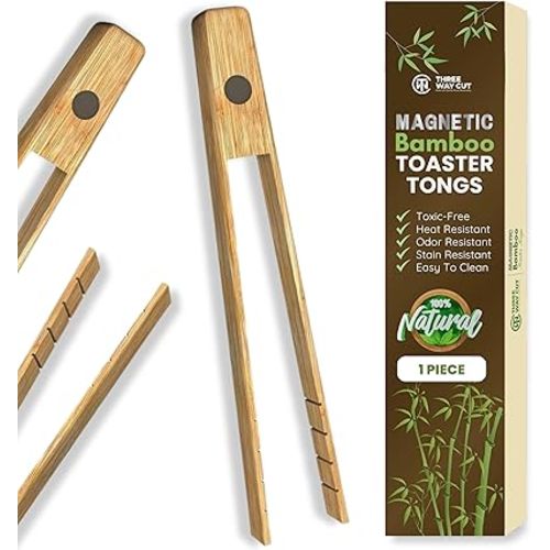 Toaster Tongs With Magnet | Kitchen Utensils For Cooking and Holding Toast Bacon Muffin Bagel Bread | 8 Inch Long Natural Non Toxic Bamboo