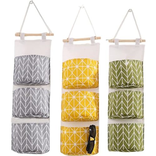 Hanging Pocket Storage 3PCS Wall Hanging Storage Bag 3-Layer Over Door Storage Waterproof Linen Fabric Simple Style Hanging Pocket Organiser Easy to Hang for Home Decor
