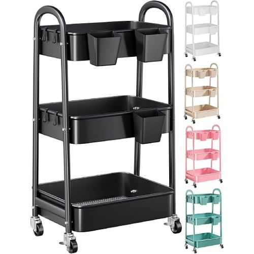 3 Tier Black Metal Rolling Cart with Lockable Wheels and Cups, Three Tiered Utility Storage Organizer on Wheels for Bathroom, Kitchen, Laundry, Garage, Office, Craft, Art, Baby Diaper, Snacks, Books