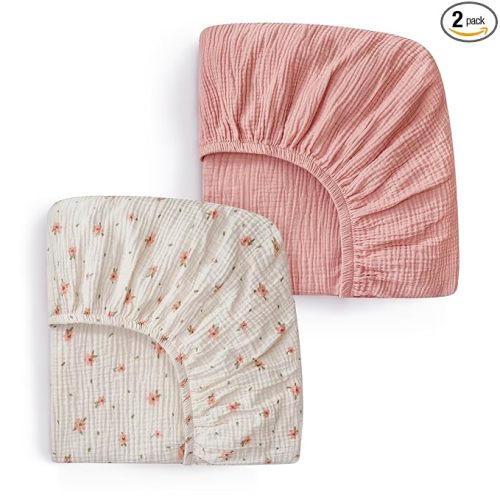 Blissful Diary Muslin Crib Sheets for Girl Boy, Boho Neutral Soft Cotton Baby Sheet for 52''x28'' Standard Crib Mattress, 2 Pack(Pink Floral&Light Pink)