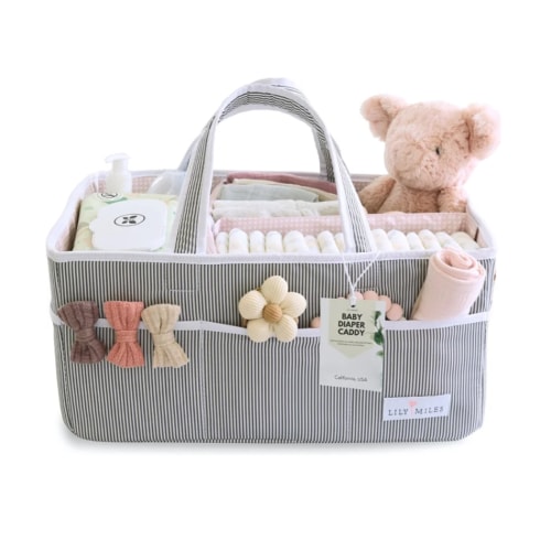 Lily Miles Baby Diaper Caddy Organizer, Girl Nursery Storage Basket with 8 Pockets, Baby Organizer and Storage, Easy-to-Clean Fabric, Large, Pink Blush