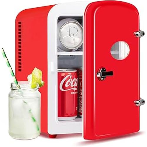 HealSmart 4L/6 Can Mini Fridge, Portable Cooler and Warmer Compact Refrigerators, with Observation Window, 100% Freon-Free & Eco Friendly for Drinks, Food, Skincare, Cosmetics, Red
