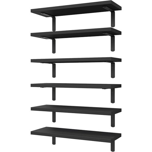 WOPITUES Wood Floating Shelves Set of 6, Shelves for Wall Decor, Farmhouse Shelf for Bedroom, Bathroom Storage Shelves, Book Shelves for Living Room-Black