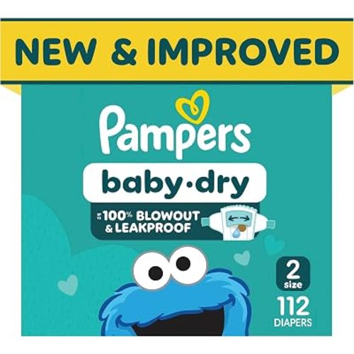 Pampers Baby Dry Ultra Cushiony Diapers, Size 2 (10-22 lbs), 112 Count, Up to 100% Leakproof (Packaging May Vary)