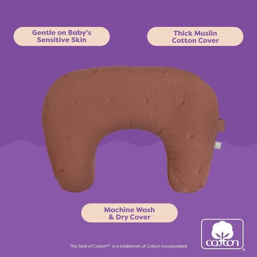 Boppy Nursing Pillow Luxe - Ergonomic Bottle & Breastfeeding Pillow with High Lift & Firm Support - Water-Resistant with Washable Cotton Muslin Cover - Baby Safety Alliance Verified - Chestnut