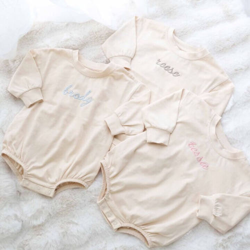 Embroidered Script Name Long Sleeve Bubble Romper | Caden Lane