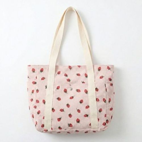 Alilang Women's Strawberry Print Corduroy Tote Bag with Double Shoulder Straps and Front Snap Pocket 11.8x7.8x3.7in -Pink