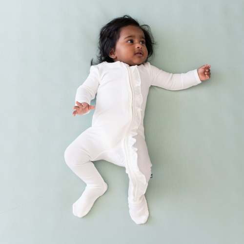 Ribbed Ruffle Zipper Footie in Cloud