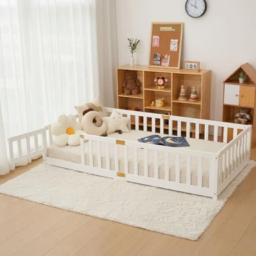 DoCred Montessori Toddler Floor Bed for Kids - Twin Size Wood Floor Bed w/Slats & Fence for Girls and Boys, Montessori Bed Frame, White