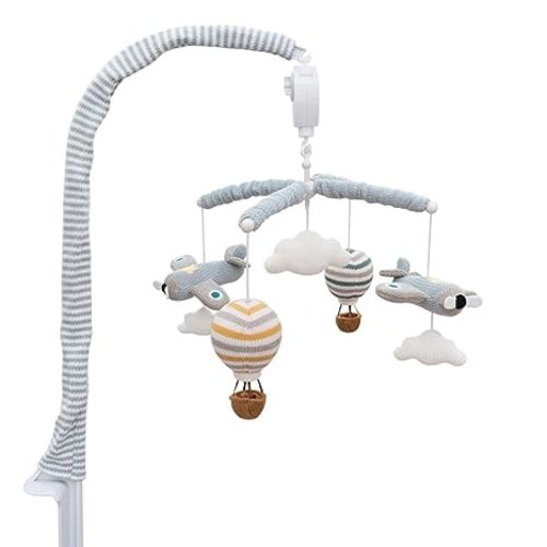 Baby Crib Mobile for Boys - Up Up and Away - Premiun Musical Nursery Decor, Sky Hot Air Balloon, Clouds & Planes, Calming Music Soother with 12 Lullabies - Essential & Perfect Gift by Living Textiles