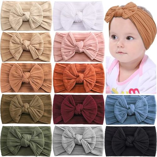 ALinmo 12 Pack Baby Headbands Super Soft Stretchy Nylon Baby Girl Headbands | Soft Nylon Elastic Hairbands with Hair Bows Hair Accessories for Baby Girls Newbrons infants Toddlers