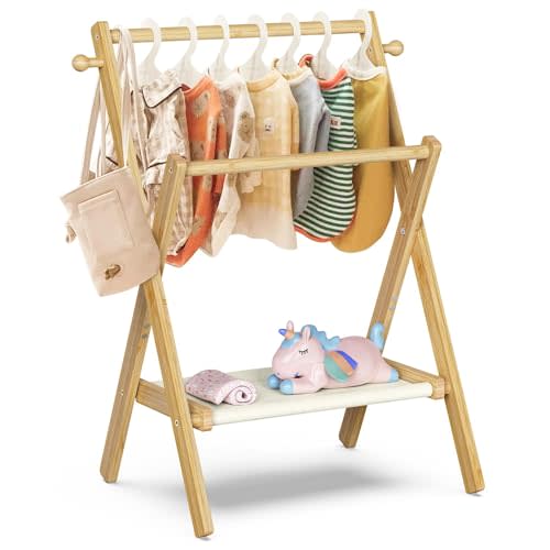 BAMBOOHOMIE Baby Clothing Rack for Baby Shower Pets Dolls, Baby Clothes Rack with Storage Shelf & Double Rods, Toddler Clothes Rack, Mini Closet Baby Shower Rack (Natural)