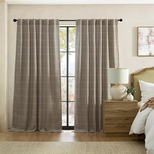 Elrene Home Fashions Sawyer Windowpane Plaid Room Darkening Single Window Curtain Panel with Rod Pocket/Back Tabs for Living Room/Bedroom/Office, 52"x95", Taupe