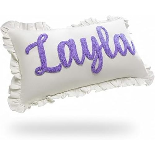 mia'spillow lab Custom Embroidered Throw Pillow with Ruffled Edge – Personalized Accent Pillow for Nursery or Kids' Room – Handmade Gift for Baby, Newborn & Parents – Multiple Size and Color Options