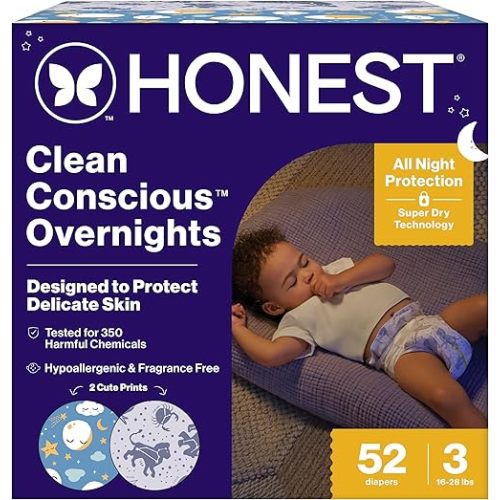 The Honest Company Comfort Dry Disposable Overnight Diapers for Sensitive Skin, Hypoallergenic, Baby Cozy Cloud and Star Signs Design Club Box Size 3 (16–28 lbs) 52 Count