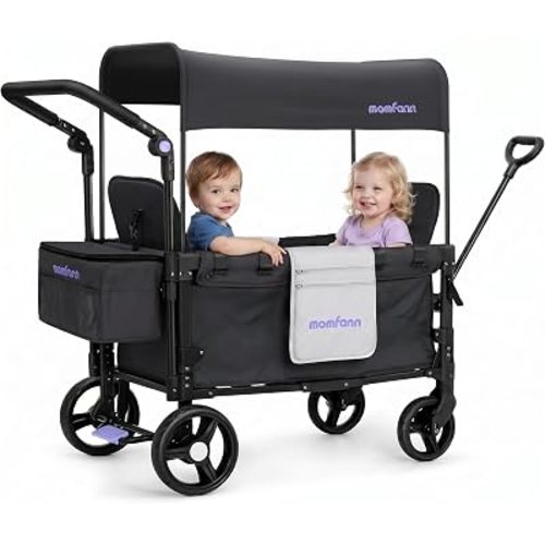 MOMFANN Wagon Stroller for 2 Kids, All-Terrain Foldable Baby Wagon with Adjustable Push & Pull Handle, 5-Point Harness, Removable Canopy, Footwell & Large Storage Bag-Black