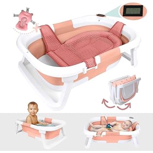 BEBELEH™ Collapsible Baby Bathtub with Thermometer – Bathtub + Baby tub Sling + Newborn Sling – Baby Bathtub Newborn to Toddler 0-24 Months – The Ultimate Baby Bath tub! (with Thermometer,Pink)