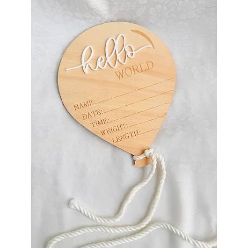 Wooden Newborn Announcement Ornament, Hello World Balloon Sign with Hanging Rope, Birth Details Wood Keepsake, Nursery Decor, Hospital Photo Prop