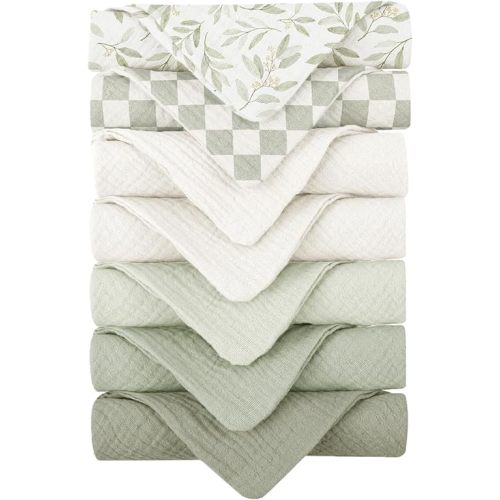 Konssy Baby Muslin Washcloths 7-Pack, 100% Cotton Baby Bath Washcloths, Soft & Absorbent Wash Cloths and Burp Cloths for Newborn Kids Girls & Boys, 11x11 inches