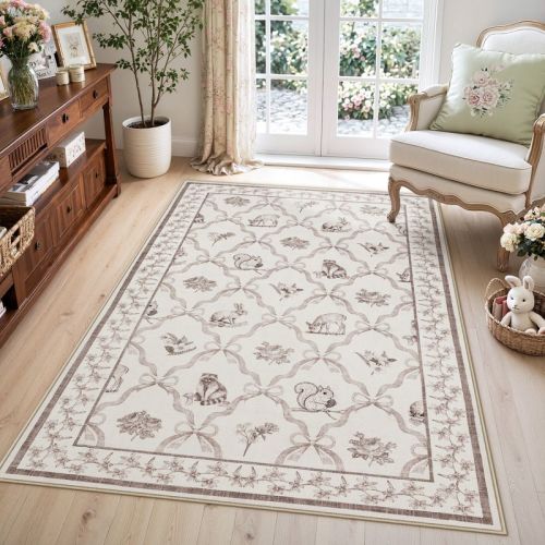 Lantine Floral Bow 3x5 Rug for Girls Bedroom, Soft Indoor Area Rug, Non Slip Vintage Woodland Animal Carpet for Nursery Dorm Kids Playroom, Beige