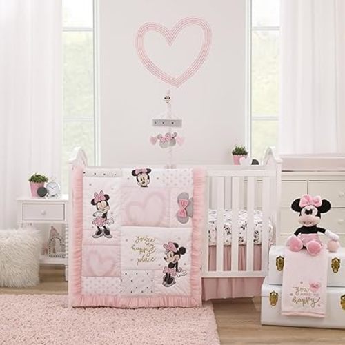 Disney Minnie Mouse My Happy Place Pink, Black, Gray, and White 3 Piece Nursery Crib Bedding Set - Comforter, 100% Cotton Fitted Crib Sheet, and Crib Skirt