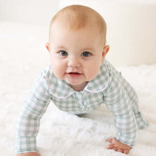Peter Pan Collar Zipper Footie | Moss Gingham