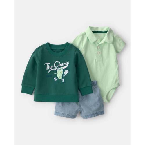 Baby Boy 3-Piece Pickleball Sweatshirt, Bodysuit & Short Set - Green | Carter's