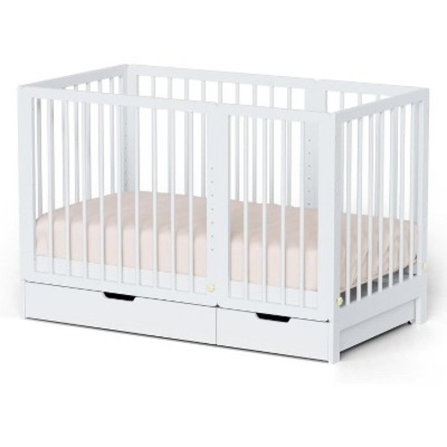 JOYMOR 8 in 1 Convertible Crib with Drawer, Include 2” Mattress, Converts to Bassinet, Mid Crib, Full Size Crib, Daybed,Toddler Bed and Playard