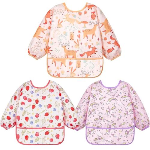 Lictin 3 Pack Baby Bibs for Boy or Girl, Cute Long Sleeve Bib, Waterproof Bibs for Toddlers,Adjustable Closure Baby Smock, Mess Proof Baby Bib, 6-24 Months Reusable Infant Baby Bibs