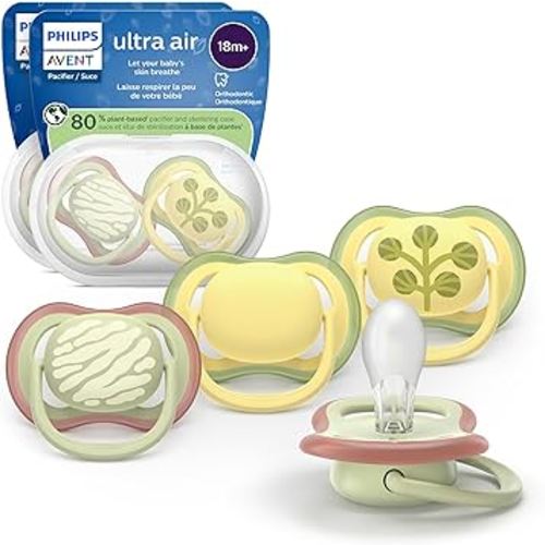 Philips Avent Ultra Air Pacifiers - Orthodontic Design, for Babies 18 Months+, Extra-Firm Silicone Symmetrical Nipple, BPA-Free, with 2 Sterilizing Cases, 4 Pack, SCF349/55