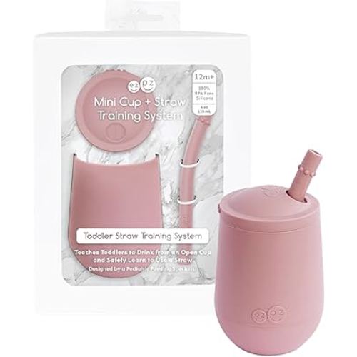ezpz Mini Cup + Straw Training System (Blush) - 9 Months+ - 100% Silicone Training Cup for Infants + Toddlers - Designed by a Pediatric Feeding Specialist