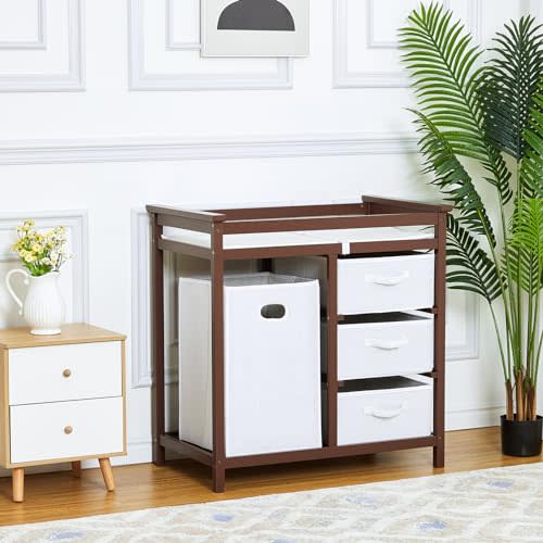 GAOMON Baby Changing Table, Wooden Diaper Changing Table, Infant Diaper Changing Station Dresser with Laundry Hamper, 3 Drawer Basket and Changing Pad (Brown)