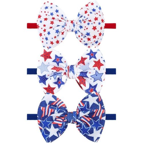 YanJie Fourth of July Patriotic Hair Accessories: Star Spangled Newborn Headbands, Nylon Bows for Infant Toddler Girls in Red, White & Blue