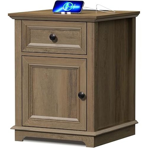 REDAYFUR End Table with Charging Station, 18" Side Table with Drawer, Bedside Table Living Room, 24" Tall Nightstand with Drawer for Bedroom, Light Brown.