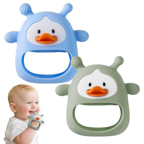 2 Packs Baby Teething Toys 3-6 6-12 Months, Food Grade Silicone Teething Mitten, Anti Dropping Wrist Hand Teethers, Never Drop Baby Chew Toys for Sucking Needs, BPA Free (Blue & Green)