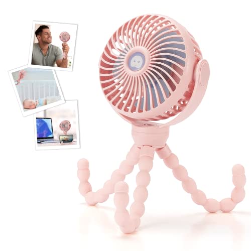 snawowo Upgraded Portable Baby Stroller Fan, 360°Rotate Rechargeable Mini Clip on Fan with Flexible Tripod for Stroller Treadmill Crib Car Seat Travel, 4000mAh Battery Powered Handheld Fan (Pink)