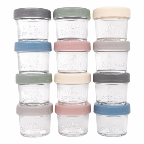 WeeSprout Glass Baby Food Storage Jars w/Lids (4 oz, 12 Pack Set) Snack, Puree, Reusable Small Containers, Breast Milk, Fridge or Freezer, Microwave & Dishwasher Safe, Essential Must Have for Infants