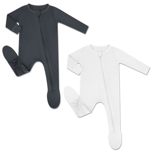 HAPIU Rayon from Bamboo Baby Pajamas Sleepers Footies, 2 Way Sturdy Zipper | Ultra Soft & Breathable for Sensitive Skin, Stretchy, with Mittens, Easy Diaper Changes, Baby Girls Boys, Newborn -24 Months