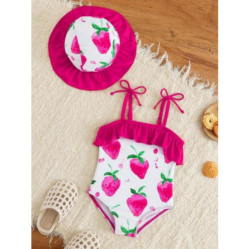 Newborn Baby Ruffled Strawberry Print One-Piece Swimsuit (Print Random) | SHEIN USA
