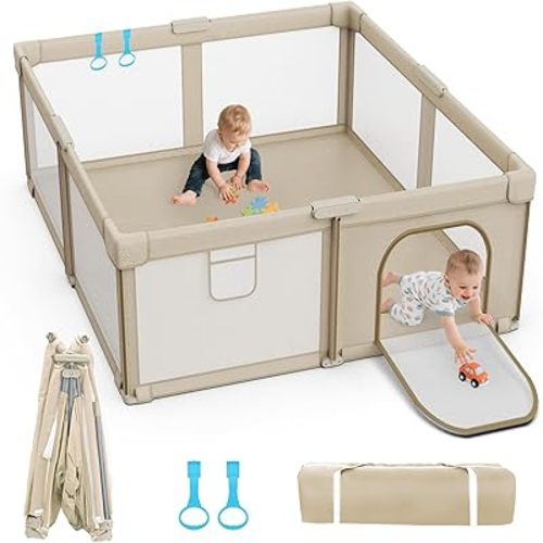 Foldable Baby Playpen: 65" x 50" Super Large Playpen for Babies and Toddlers - Portable Play Pen for Babies with Breathable Mesh & 2 Pulling Handle - Baby Play Yard for Outdoor & Indoor