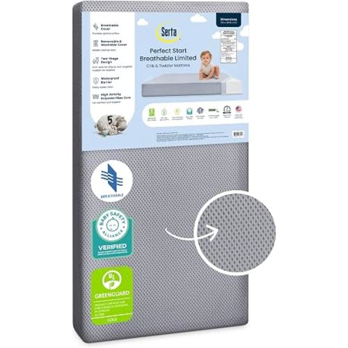 Serta Perfect Start Breathable Limited Two -Stage Crib Mattress and Toddler Mattress - Breathable Cover and Fiber Core, Machine Washable Cover, Waterproof, 7 Year Warranty, Made in USA