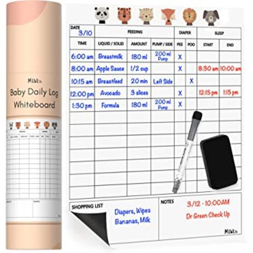 Mewl Baby Daily Log Whiteboard - Reusable Baby Tracker to Log Feeding, Diapers & Sleep - Newborn Baby Journal & Schedule Chart for New Parents, Nanny, Babysitter - Pregnancy & New Mom Gift
