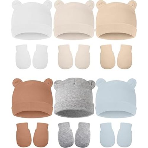 Geyoga 12 Pieces Newborn Hat Mittens Gloves Set Baby Boys Girls Cotton Baby Beanie for 0-12 Months