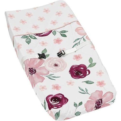 Sweet Jojo Designs Burgundy Watercolor Floral Girl Baby Nursery Changing Pad Cover - Blush Pink, Maroon, Wine, Rose, Green and White Shabby Chic Flower Farmhouse