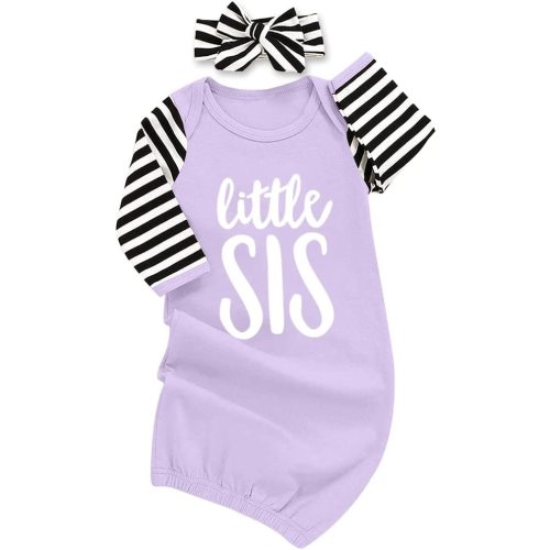Newborn Baby Girl Little Sister Sleeper Gown Stripe Long Sleeve Nightgown Outfit
