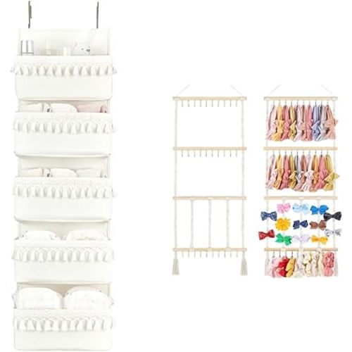 Dahey Over The Door Organizer with 5 Pockets and Headband Holder Bow Hanger for Girls Hair Bows Boho Nursery Decor for Baby's Room Bathroom Apartments Dorm Pantry