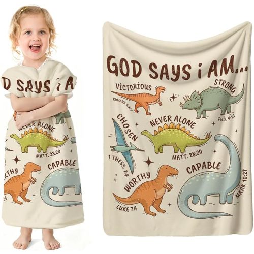 SPBL&L Christian Dinosaur Kids Blanket, God Say I Am Bible Verse Inspirational Dino Throw Blanket Gifts for Kids Boys Nursery Room Bedroom Couch Bed Decor, Dinosaur Room Decor for Boys,29.5x40Inch