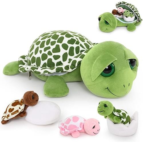 MorisMos Sea Turtle Stuffed Animal with Babies, 14'' Mommy Stuffed Turtle with 3 Babies & 2 Plush Eggs in Tummy, Big-Eyed Sea Tortoise Toys for Kids Toddlers,Sea Stuffed Animals,Tortoise Plush Pillow