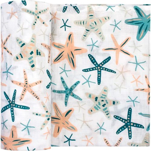 Adam Stork 100% Cotton Luxury Baby Muslin Swaddle Blanket Gender Neutral for Girls and Boys Blue Beige Starfish